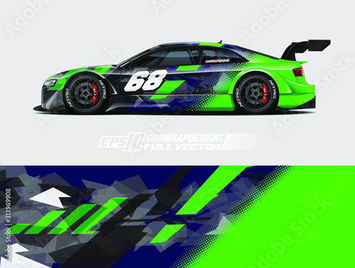 Rally car graphic livery design vector. Graphic abstract stripe racing background designs for wrap cargo van, race car, pickup truck, adventure vehicle. Eps 10