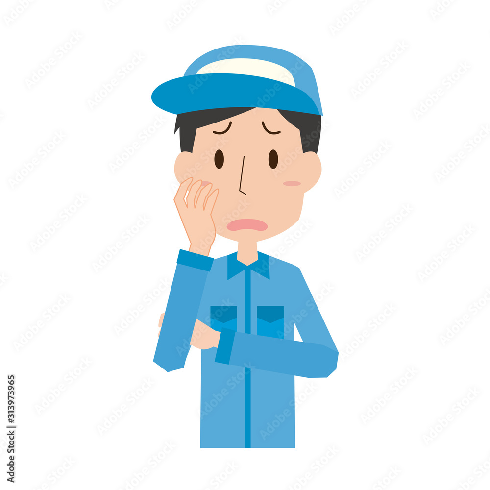 男性　作業員　作業服　上半身　悩む　表情　ポーズ