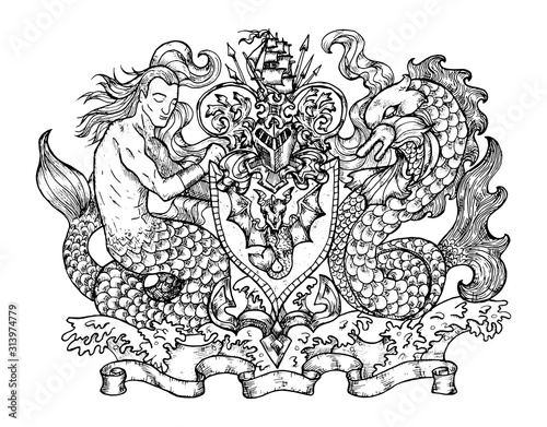 Heraldic emblem with mermaid and monster fish dolphin on white, line art.