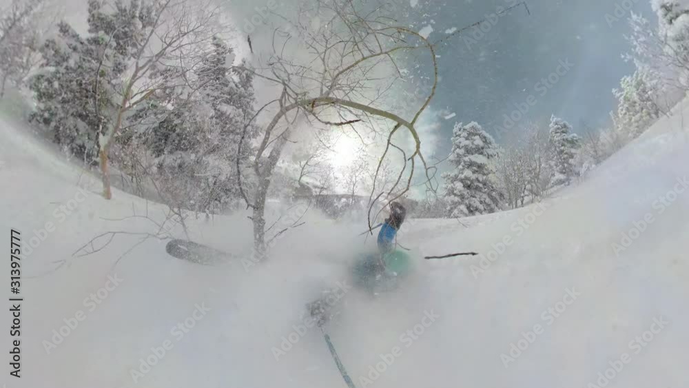 SELFIE: Funny shot of a skier crashing in deep powder snow while tree skiing in Park City. Male tourist on off-trail skiing trip crashes into the freshly fallen soft snow while taking a selfie.