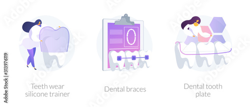 Cosmetic odontology and orthodontic procedures. Teeth straightening. Teeth wear silicone trainer, dental braces, dental tooth plate metaphors. Vector isolated concept metaphor illustrations.