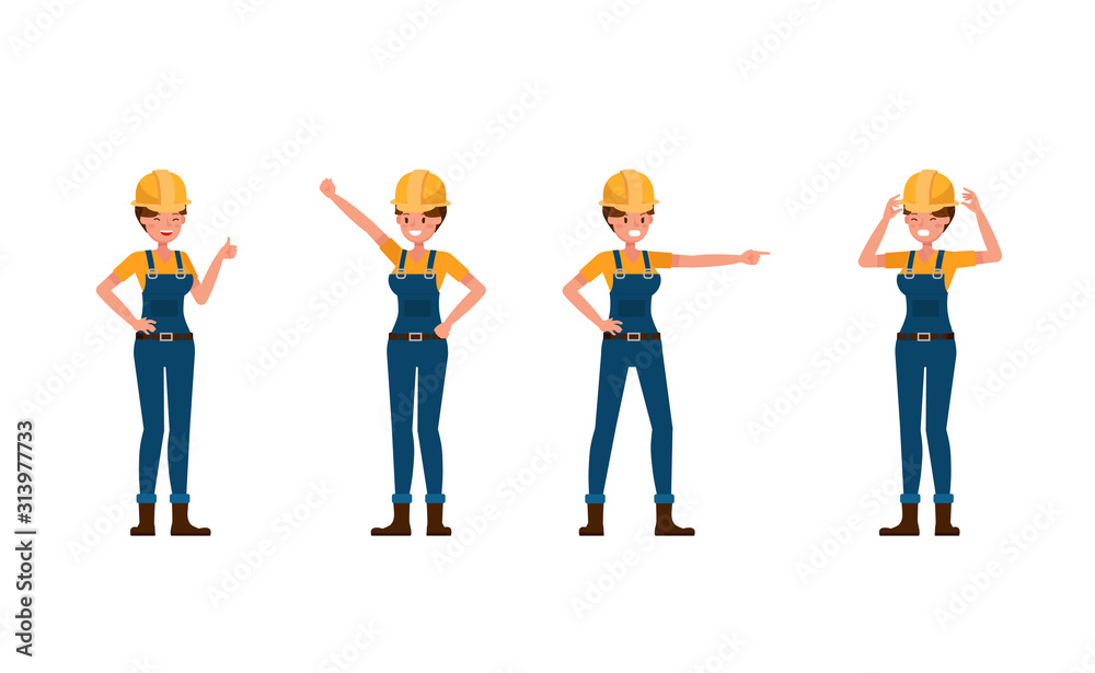 Obraz premium Young builder woman in blue uniform vector character design. no3