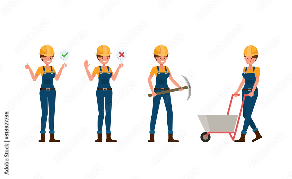 Young builder woman in blue uniform vector character design. no4