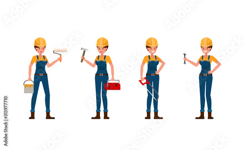 Young builder woman in blue uniform vector character design.