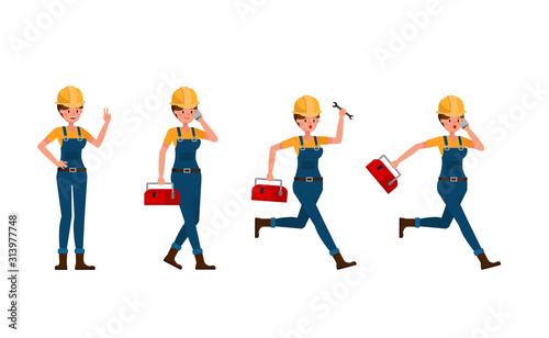 Young builder woman in blue uniform vector character design. no5