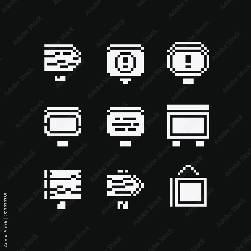 Signboards set. Pixel art flat style. Wooden signboard, stop sign. Design for logo mobile app, web, sticker. 8-bit sprite. Game assets. Isolated vector illustration. - obrazy, fototapety, plakaty 