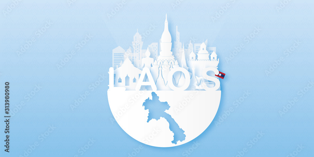 Obraz premium Laos Travel postcard, poster, tour advertising of world famous landmarks in paper cut style. Vectors illustrations