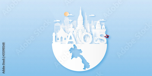 Laos Travel postcard, poster, tour advertising of world famous landmarks in paper cut style. Vectors illustrations