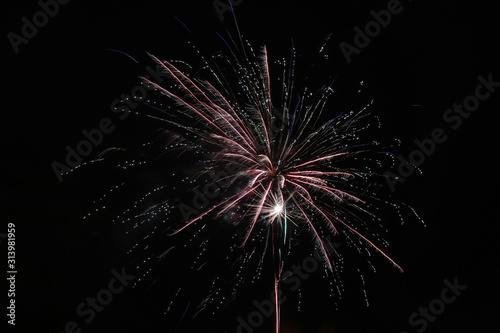 Festive fireworks against the black night sky. Light from the fi