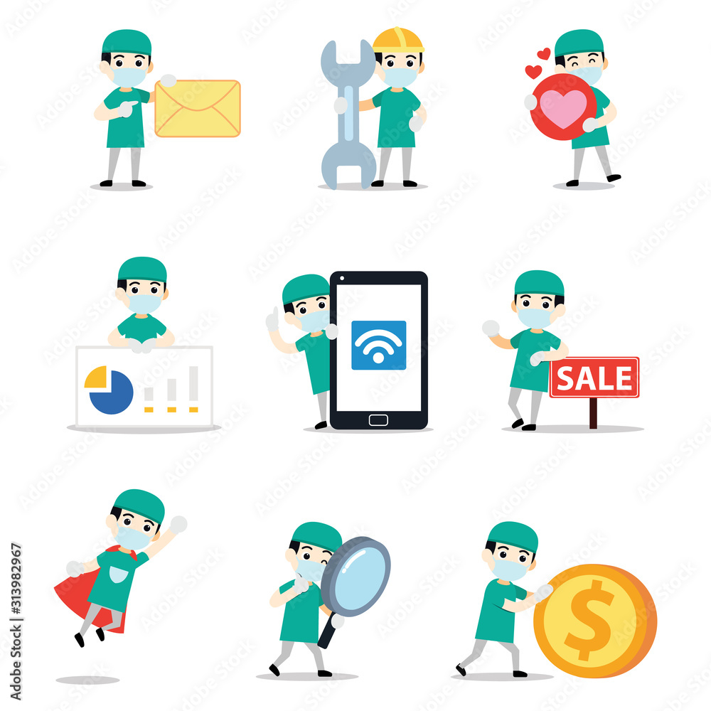 Set of dentist man character treating in dental hospital. Set of dentist man character treating in dental hospital.