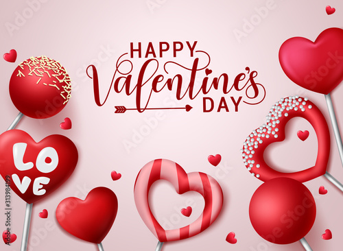 Happy valentines day vector background template. Valentines greeting text with candy lollipop element in heart and round shape with empty space for messages in red background.  