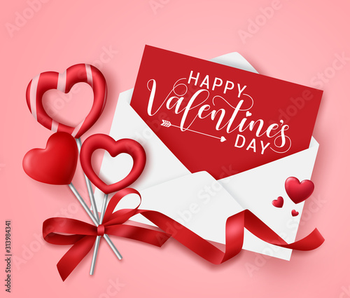 Valentine love letter vector background design. Happy valentines day greeting text in card with white envelope and red heart shape candies with ribbon element in pink background. Vector illustration.