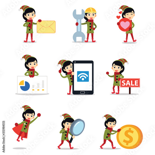 Set of beautiful female character dressed as an elf.