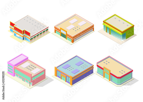 supermarket or shopping mall building icon set