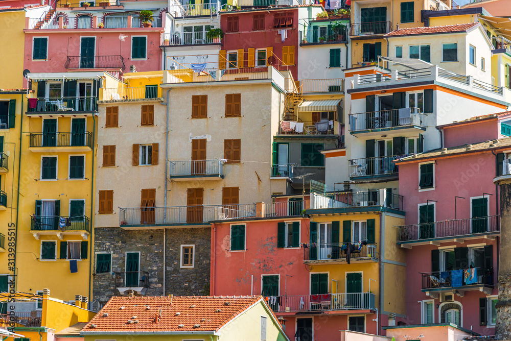 View at Manarola village in Cinque Terre, Italy, with its traditional colorful houses 