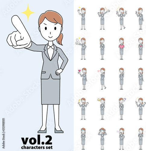 Set of various poses of a young woman wearing a gray suit vol.2