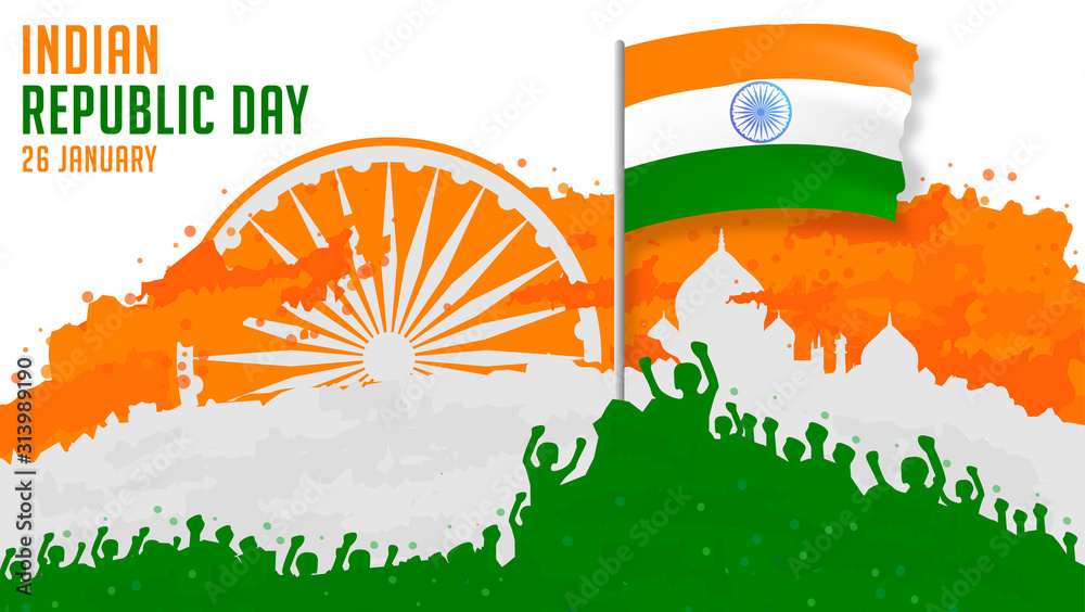 Indian republic day with people, flag and building illustrations - obrazy, fototapety, plakaty 