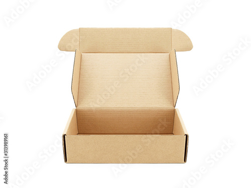 close up single carton box open empty isolated on white background, brown parcel cardboard box for packages delivery