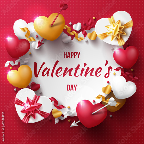 Valentine's day background with 3D hearts, love arrow and gift box. Vector illustration