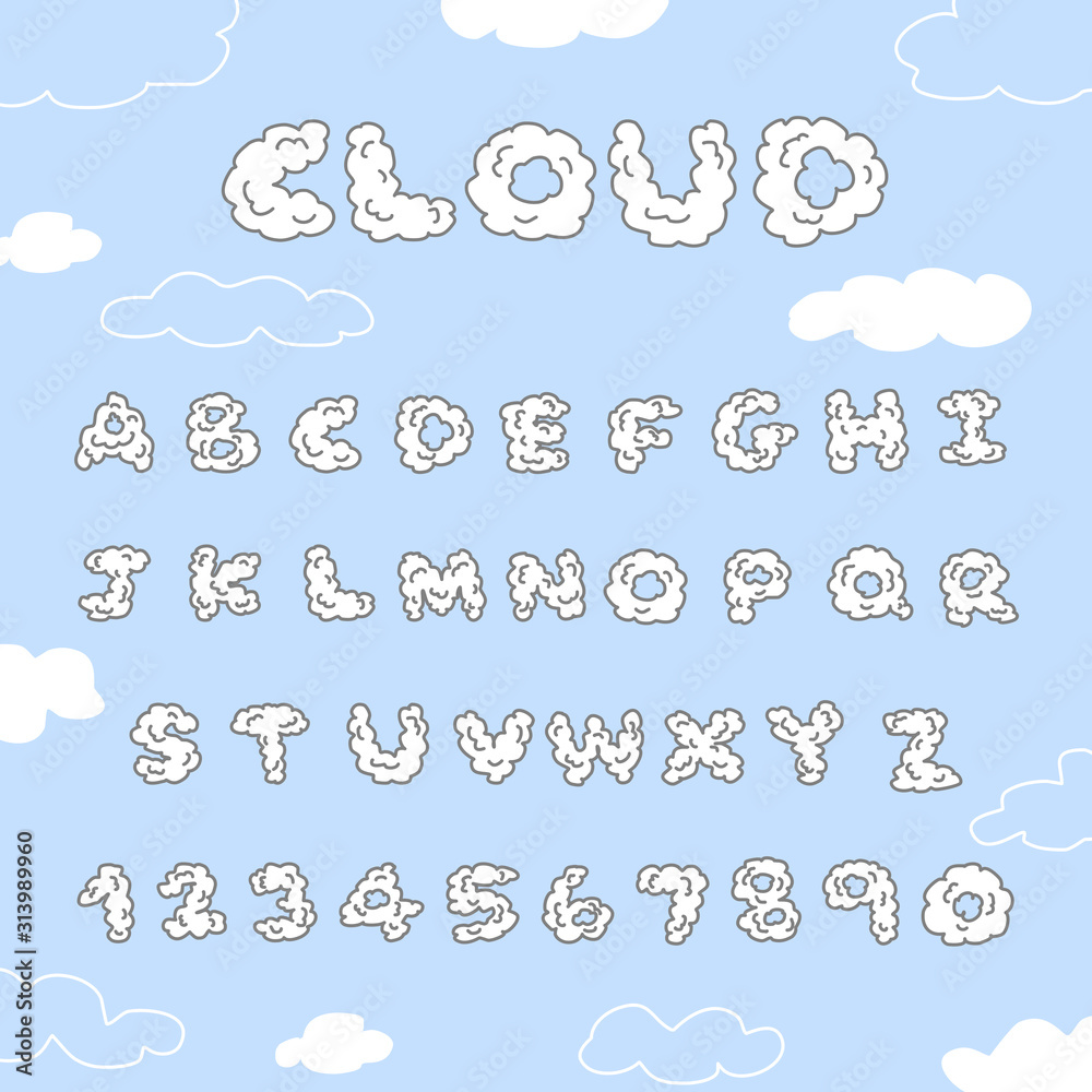 Hand-drawn Typography A-Z and number, fluffy cloud font on blue background, vector illustration Hand-drawn Typography A-Z and number, fluffy cloud font on blue background, vector illustration