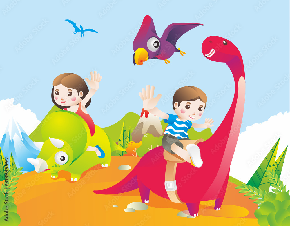 kids riding the dinosaurus vector illustration kids riding the dinosaurus vector illustration
