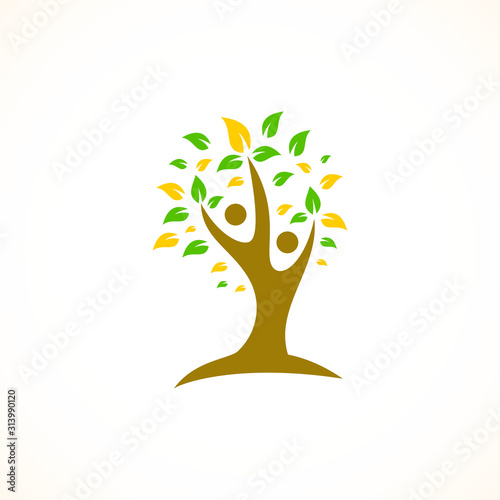Health Logo, Medical Logo, Community Logo, People tree icon with green leaves - eco concept vector.