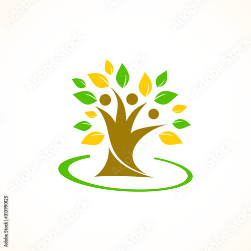 Health Logo, Medical Logo, Community Logo, People tree icon with green leaves - eco concept vector.