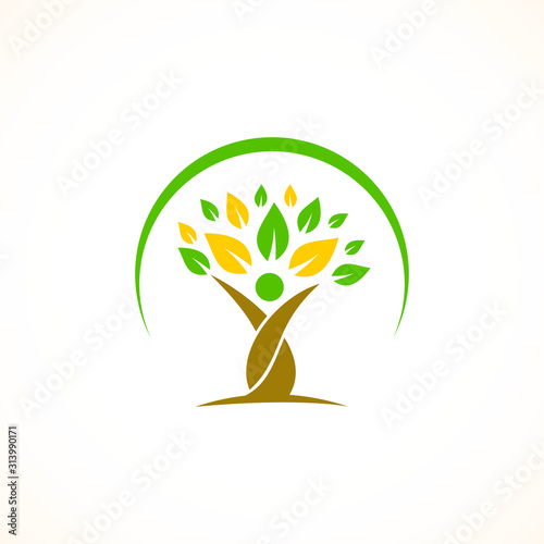 Health Logo, Medical Logo, Community Logo, People tree icon with green leaves - eco concept vector.