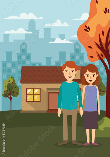 Couple of woman and man house and trees vector design