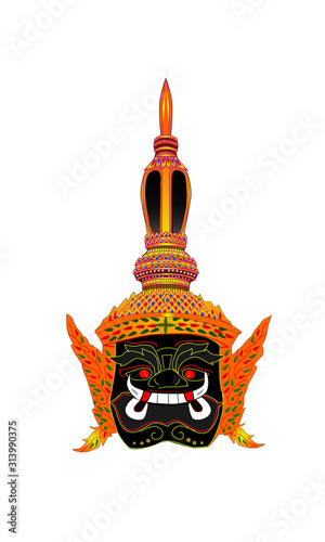 Illustrated Khon thailand, cute,cartoon,Thailand traditional colorful Hua Khon spirit of dragon mask. Carnival masquerade with mask, in Thai city, .Thailand religious holiday with costumes. Vector ill