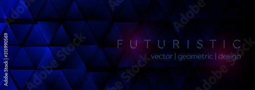 Dark blue technology web banner design with glossy triangles. Futuristic shiny low poly background. Vector illustration