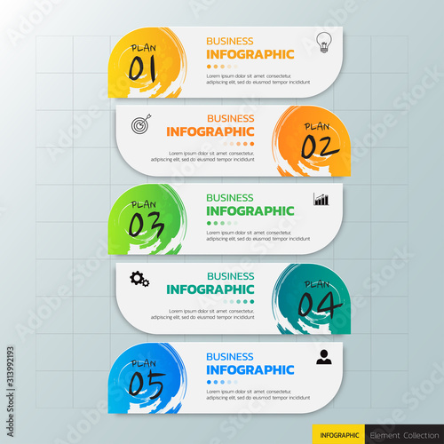 Infographics template 5 options with rectangle banner, can be used for workflow layout, diagram, website, corporate report, advertising, marketing. vector illustration.