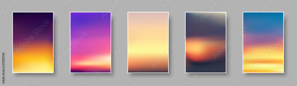 Set of colorful sunset and sunrise paper cards. Blurred modern gradient mesh background. - obrazy, fototapety, plakaty 