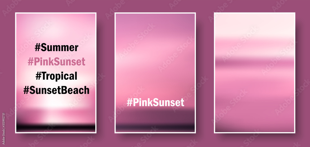 Set of pink sunset and sunrise paper cards with text. Blurred modern gradient mesh background.