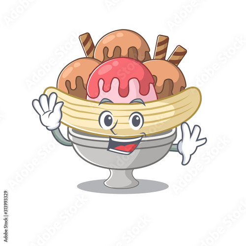 Waving friendly banana split cartoon character design