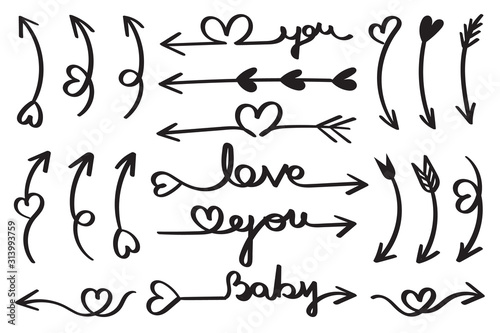 Hand drawn arrows vector icons set.  Arrow design for love   Wedding and valentine day 
