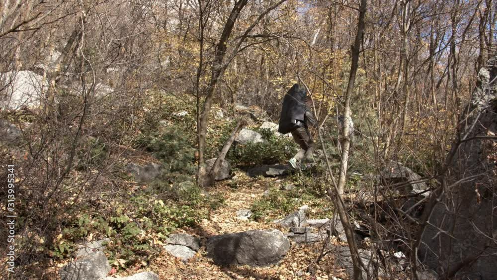 Hikers disappearing into the forest on trail panning past boulder. Hikers disappearing into the forest on trail panning past boulder.