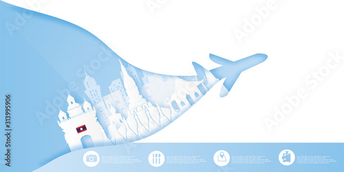 Laos Travel postcard, poster, tour advertising of world famous landmarks in paper cut style. Vectors illustrations