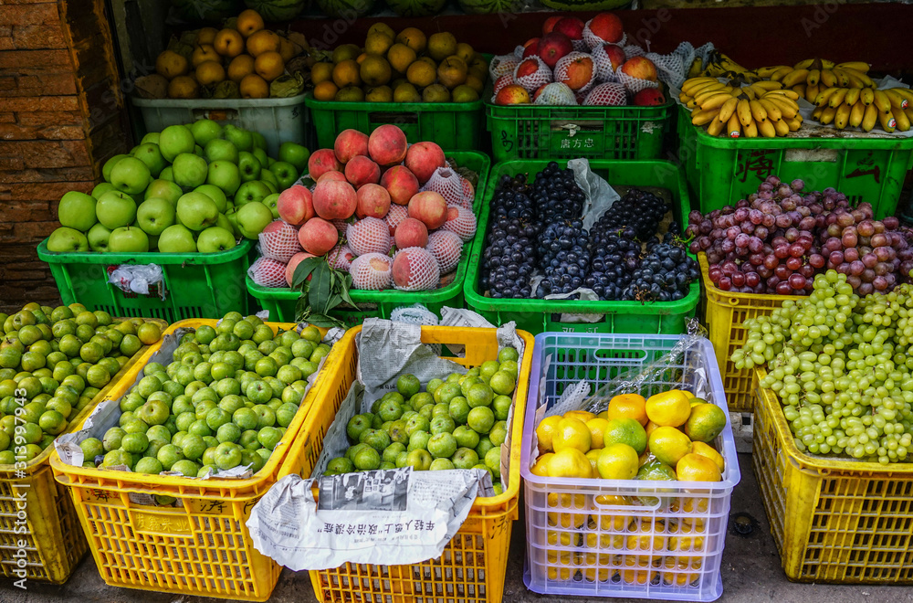 Various colorful fresh fruits at rural market