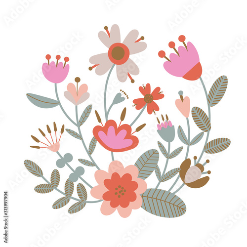 Floral bouquet of hand drawn fantasy folk flowers. Botanical illustration in flat cartoon style. Great as banner, print and card.