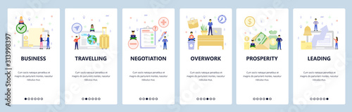 Business icons, office desk, overtime pay, travel. Mobile app onboarding screens. Menu vector banner template for website and mobile development. Web site design flat illustration