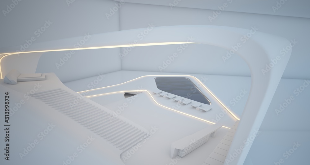 Abstract architectural white smooth interior of a minimalist house with swimming pool and neon lighting. 3D illustration and rendering. Abstract architectural white smooth interior of a minimalist house with swimming pool and neon lighting. 3D illustration and rendering.