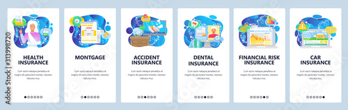 Health, car, travel, house insurance policy, finance and accident insurance. Mobile app onboarding screens. Menu vector banner template for website and mobile development. Web site flat illustration