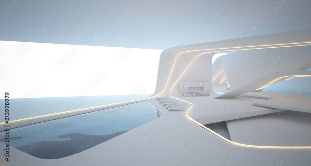 Abstract architectural white smooth interior of a minimalist house with swimming pool and neon lighting. 3D illustration and rendering.