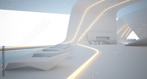 Abstract architectural white smooth interior of a minimalist house with swimming pool and neon lighting. 3D illustration and rendering.