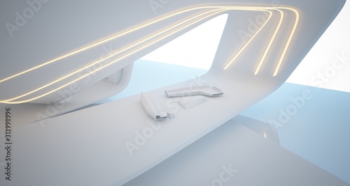 Abstract architectural white smooth interior of a minimalist house with swimming pool and neon lighting. 3D illustration and rendering.