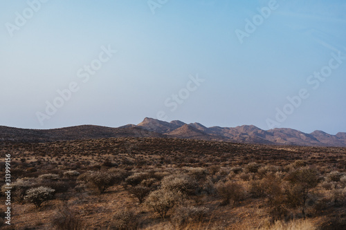 panorama photo of landscape with mountains in background in Namibia