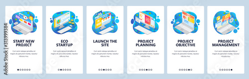 Launch new business online, project management, eco startup. Mobile app onboarding screens. Menu vector banner template for website and mobile development. Web site design flat illustration