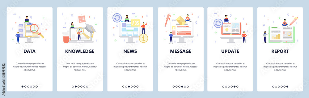 Business icons, data search, online book, news, financial report. Mobile app onboarding screens. Menu vector banner template for website and mobile development. Web site design flat illustration