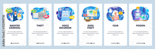 Wanted criminal, cyber security, online bank fraud, data theft, crime. Mobile app onboarding screens. Menu vector banner template for website and mobile development. Web site design flat illustration